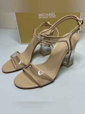 Michael Kors Tori Sandals Women’s US Size 7M Beige Leather Clear Block Heels
